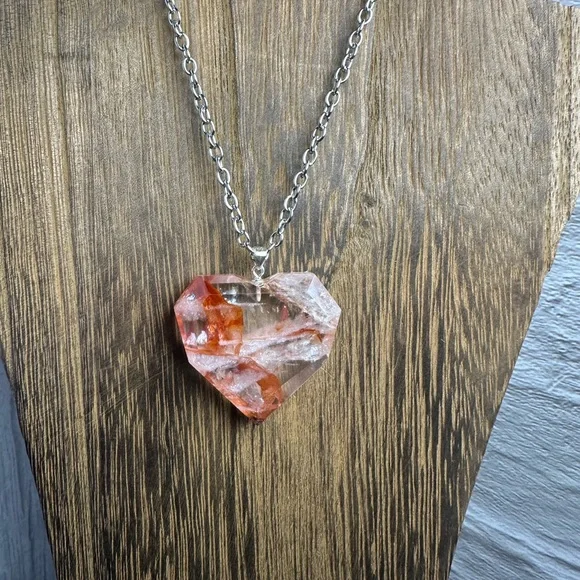 Fire Quartz Heart Necklace Pendant on Chain - Picture 9 of 11